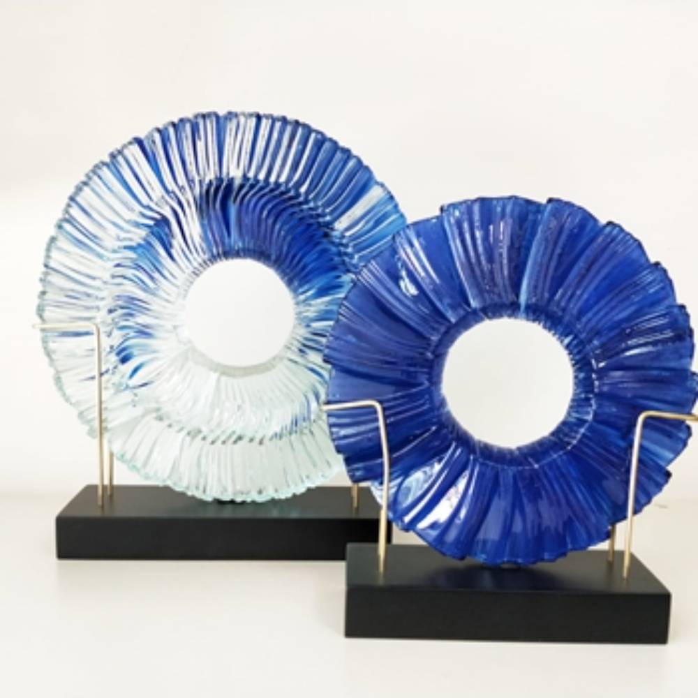Dekoratif Füzyon Cam Disk Takımı Mavi Geçişli 22&27cm K2469