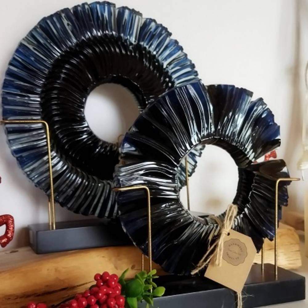Dekoratif Füzyon Cam Disk Takımı Gece Mavi Siyah22&27cm K2077