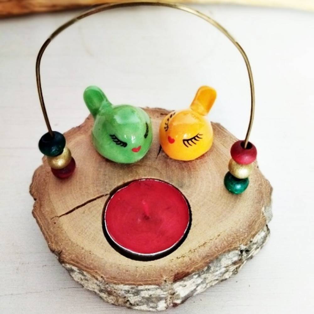 Seramik Kuşlu Doğal Ağaç Mumluk K2237