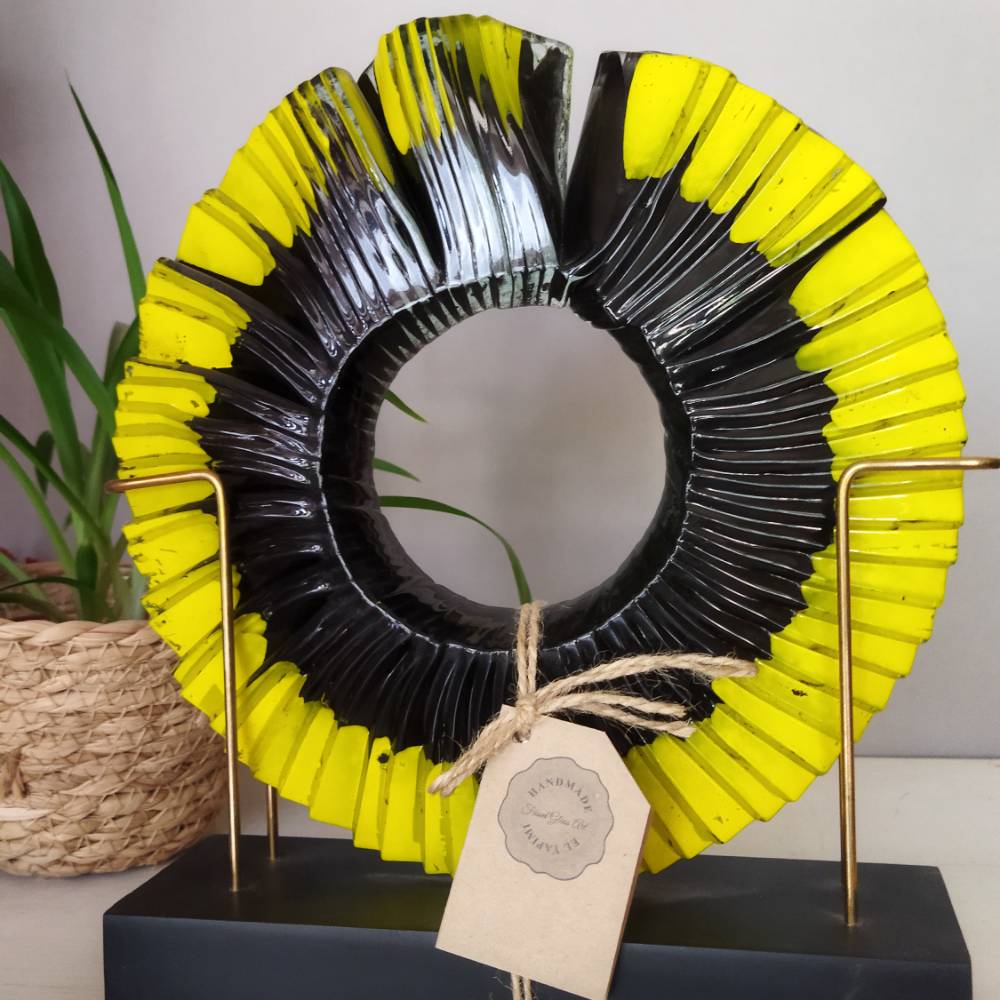 Dekoratif Füzyon Cam Disk Sarı Siyah 22cm K5001